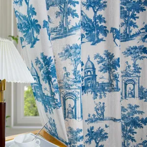 Linen Toile Curtains for Living Room 63 Inch Length 2 Panels Set Long Vintage Blue French Country Light Filtering Farmhouse Window Grommet Curtains for Bedroom Decor