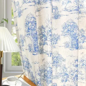 Linen Toile Curtains for Living Room 84 Inch Length 2 Panels Set Long Vintage Blue French Country Light Filtering Farmhouse Window Curtains for Bedroom Decor
