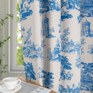 Linen Toile Curtains for Living Room 84 Inch Length 2 Panels Set Long Vintage Blue French Country Light Filtering Farmhouse Window Curtains for Bedroom Decor