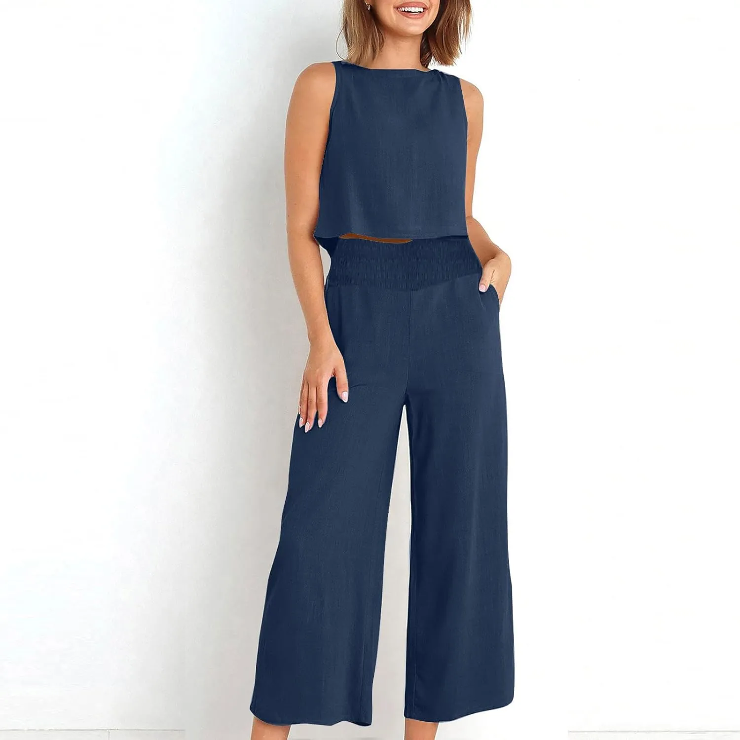 Linen Two Piece Sets For Women Summer 2024 Casual Sleeveless Crop Top & High Waist Wide Leg Matching Lounge Set Outfits