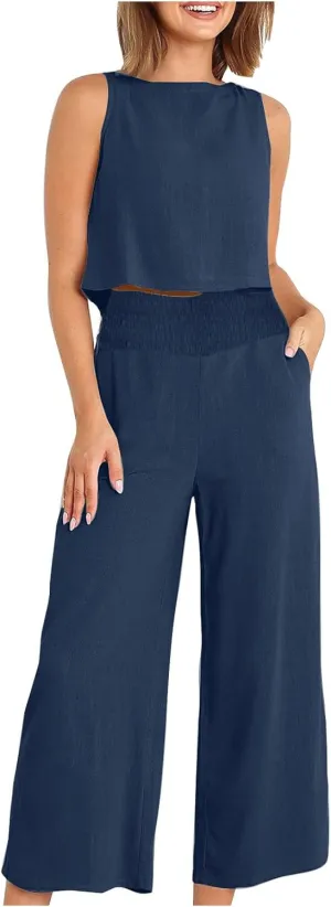 Linen Two Piece Sets For Women Summer 2024 Casual Sleeveless Crop Top & High Waist Wide Leg Matching Lounge Set Outfits