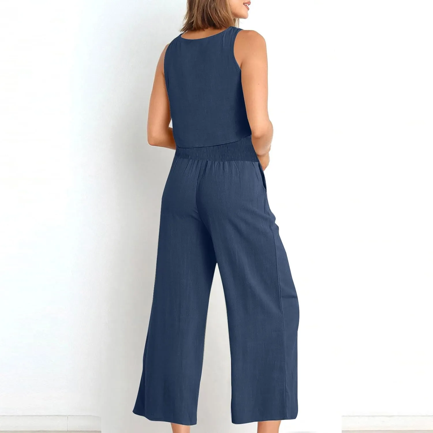 Linen Two Piece Sets For Women Summer 2024 Casual Sleeveless Crop Top & High Waist Wide Leg Matching Lounge Set Outfits