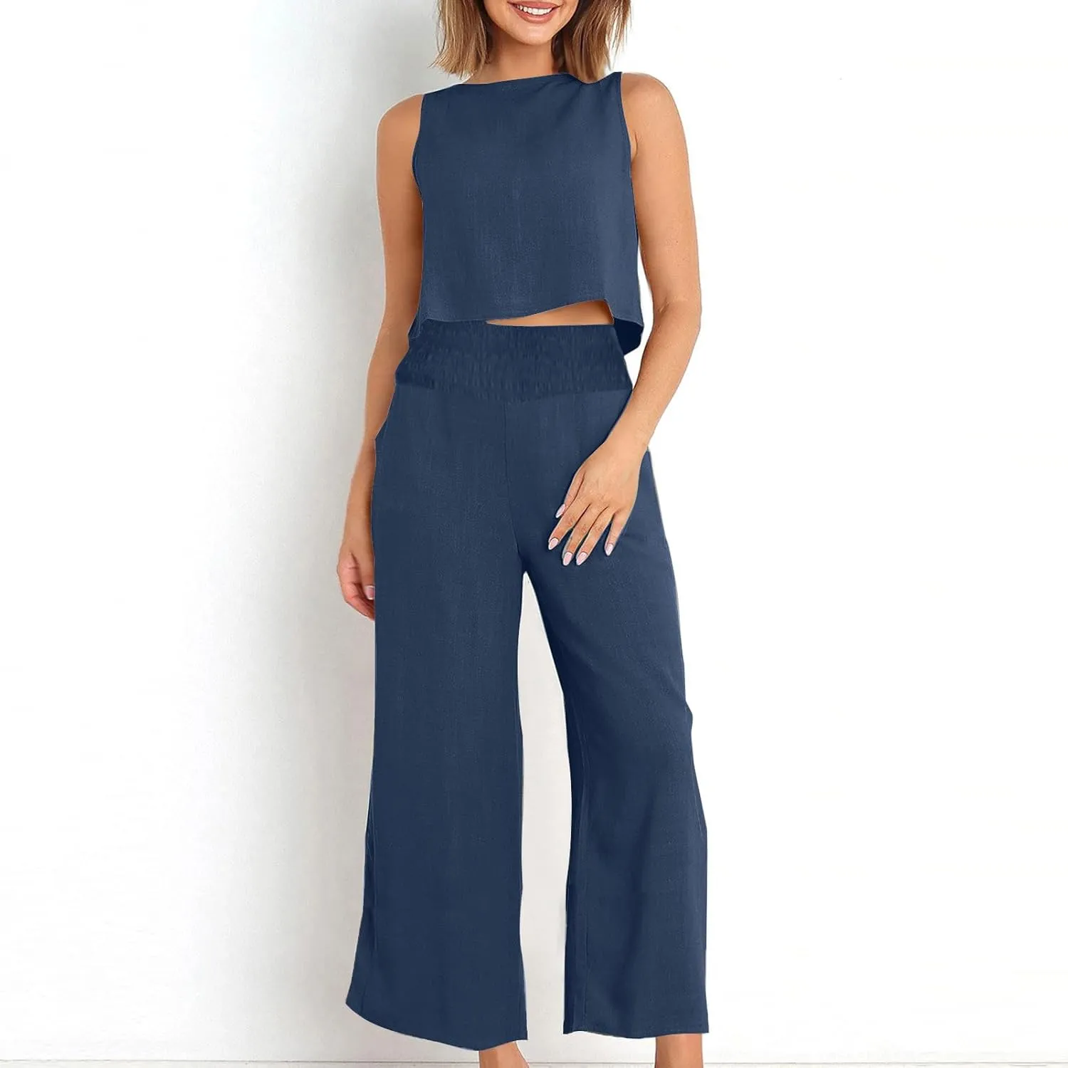 Linen Two Piece Sets For Women Summer 2024 Casual Sleeveless Crop Top & High Waist Wide Leg Matching Lounge Set Outfits