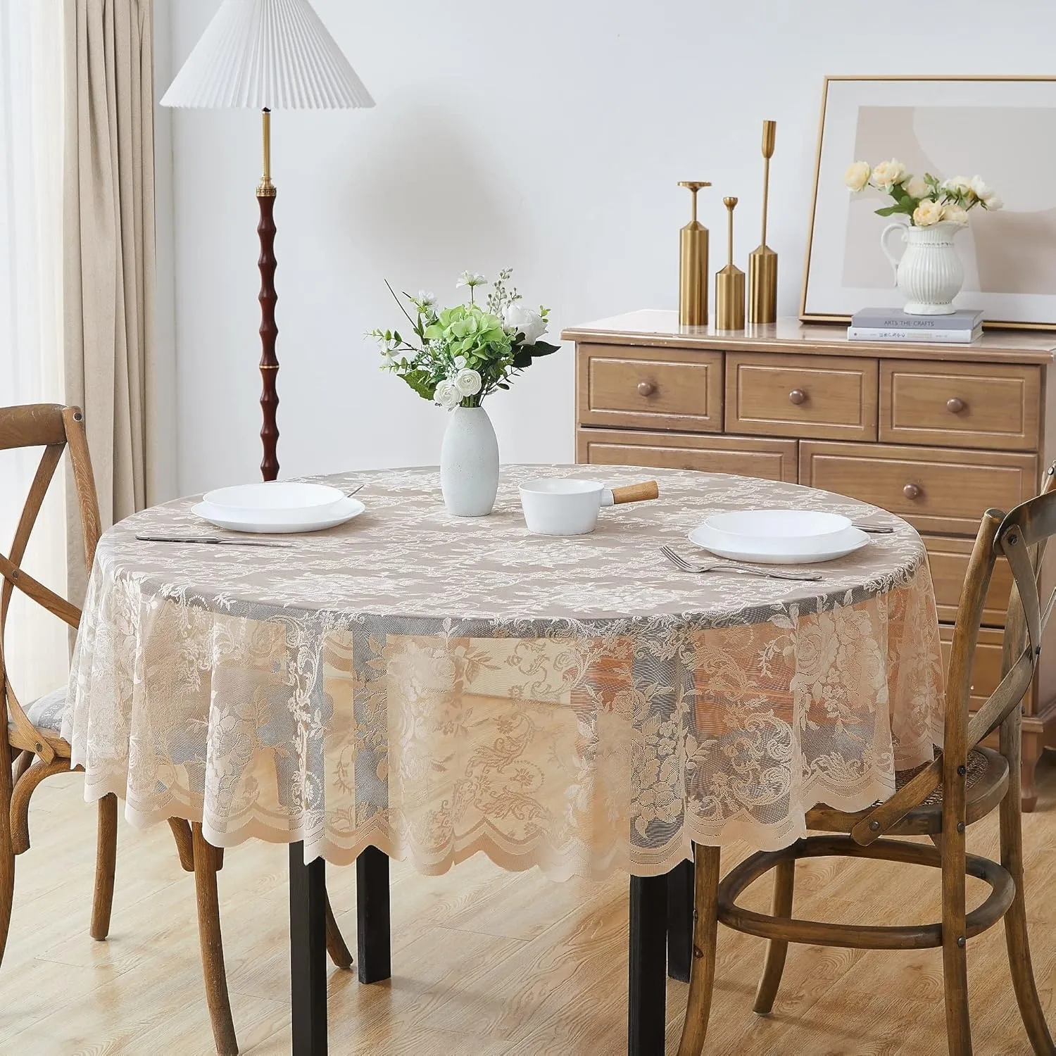 LinenZone Beautiful Round Lace Tablecloth with Elegant Scalloped Bottom for Any Special Event Such as Wedding, Birthday Party, Baby Shower, Anniversary. Sits 4 to 6 People. (Luna TC 70 Round, Linen)