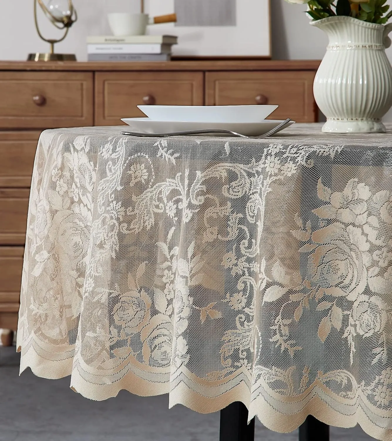 LinenZone Beautiful Round Lace Tablecloth with Elegant Scalloped Bottom for Any Special Event Such as Wedding, Birthday Party, Baby Shower, Anniversary. Sits 4 to 6 People. (Luna TC 70 Round, Linen)