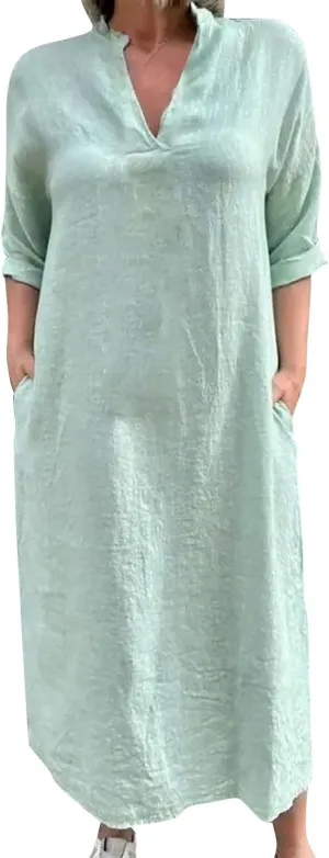 Lmdudan Linen Maxi Dress for Women Summer Lightweight Dress Loose V Neck Long Sleeve Casual Plus Size Dresses with Pockets