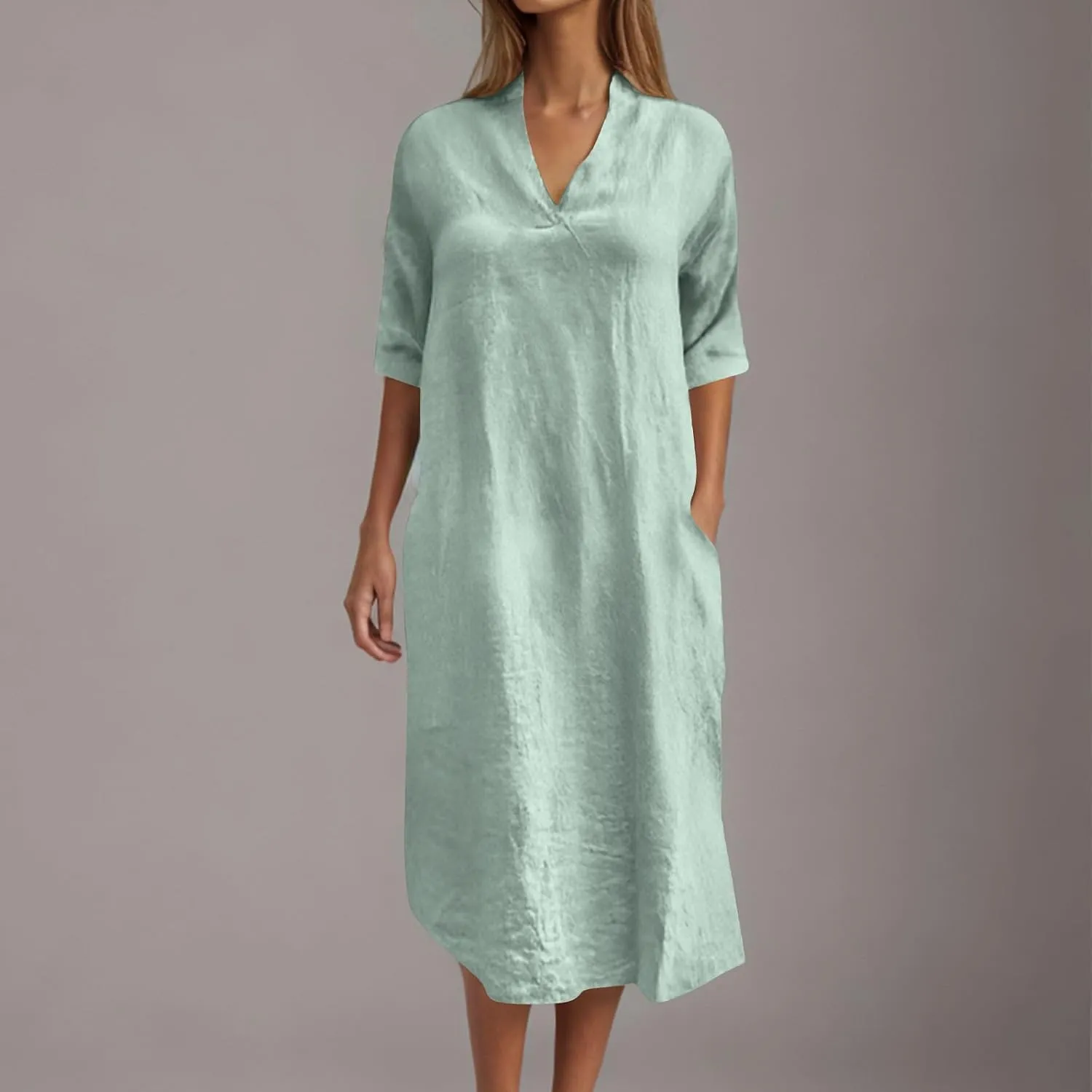Lmdudan Linen Maxi Dress for Women Summer Lightweight Dress Loose V Neck Long Sleeve Casual Plus Size Dresses with Pockets