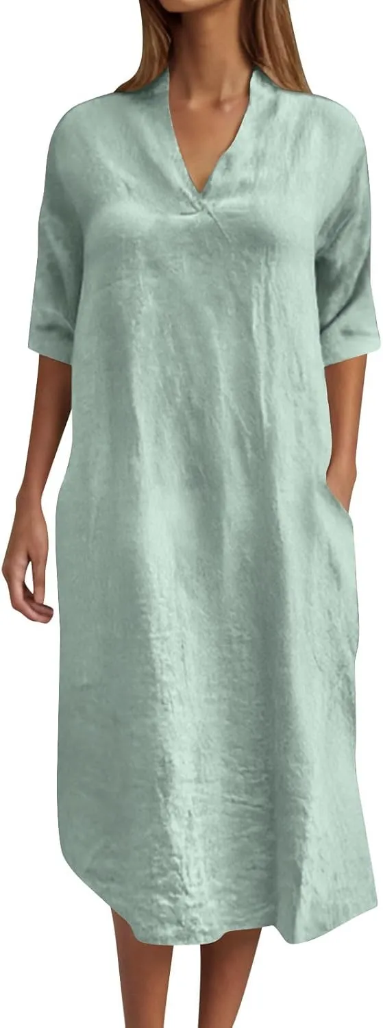 Lmdudan Linen Maxi Dress for Women Summer Lightweight Dress Loose V Neck Long Sleeve Casual Plus Size Dresses with Pockets