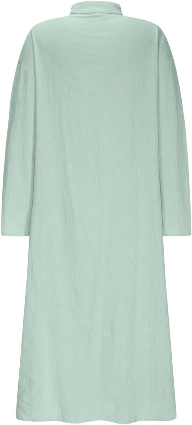Lmdudan Linen Maxi Dress for Women Summer Lightweight Dress Loose V Neck Long Sleeve Casual Plus Size Dresses with Pockets