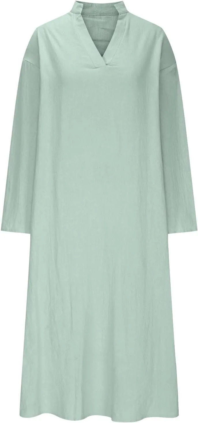 Lmdudan Linen Maxi Dress for Women Summer Lightweight Dress Loose V Neck Long Sleeve Casual Plus Size Dresses with Pockets