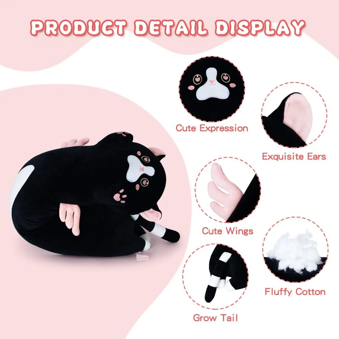 Long Cat Plush Body Pillow, Cute Cat Plush Toy Pillows with Wings, Stuffed Animals Kitten Soft Plushies Gifts for Kids Girls Girlfriend(AngelCat Pink, 35.4in/90cm)