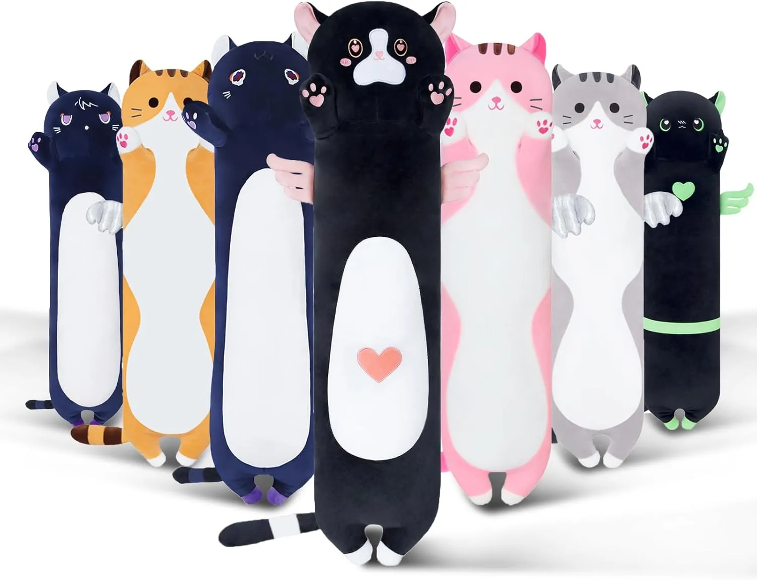 Long Cat Plush Body Pillow, Cute Cat Plush Toy Pillows with Wings, Stuffed Animals Kitten Soft Plushies Gifts for Kids Girls Girlfriend(AngelCat Pink, 35.4in/90cm)