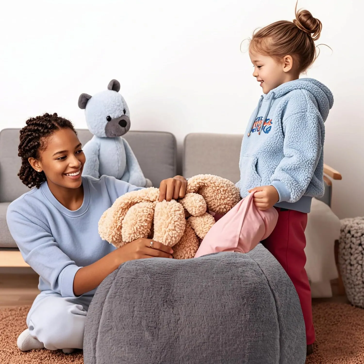 LPMOERA Bean Bag Chair Cover for Kids(No Filler) Stuffed Animal Storage Fluffy Faux Fur Bean Bag Chair for Toddler Kids Dark Gray