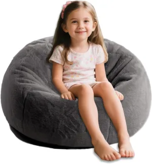 LPMOERA Bean Bag Chair Cover for Kids(No Filler) Stuffed Animal Storage Fluffy Faux Fur Bean Bag Chair for Toddler Kids Dark Gray