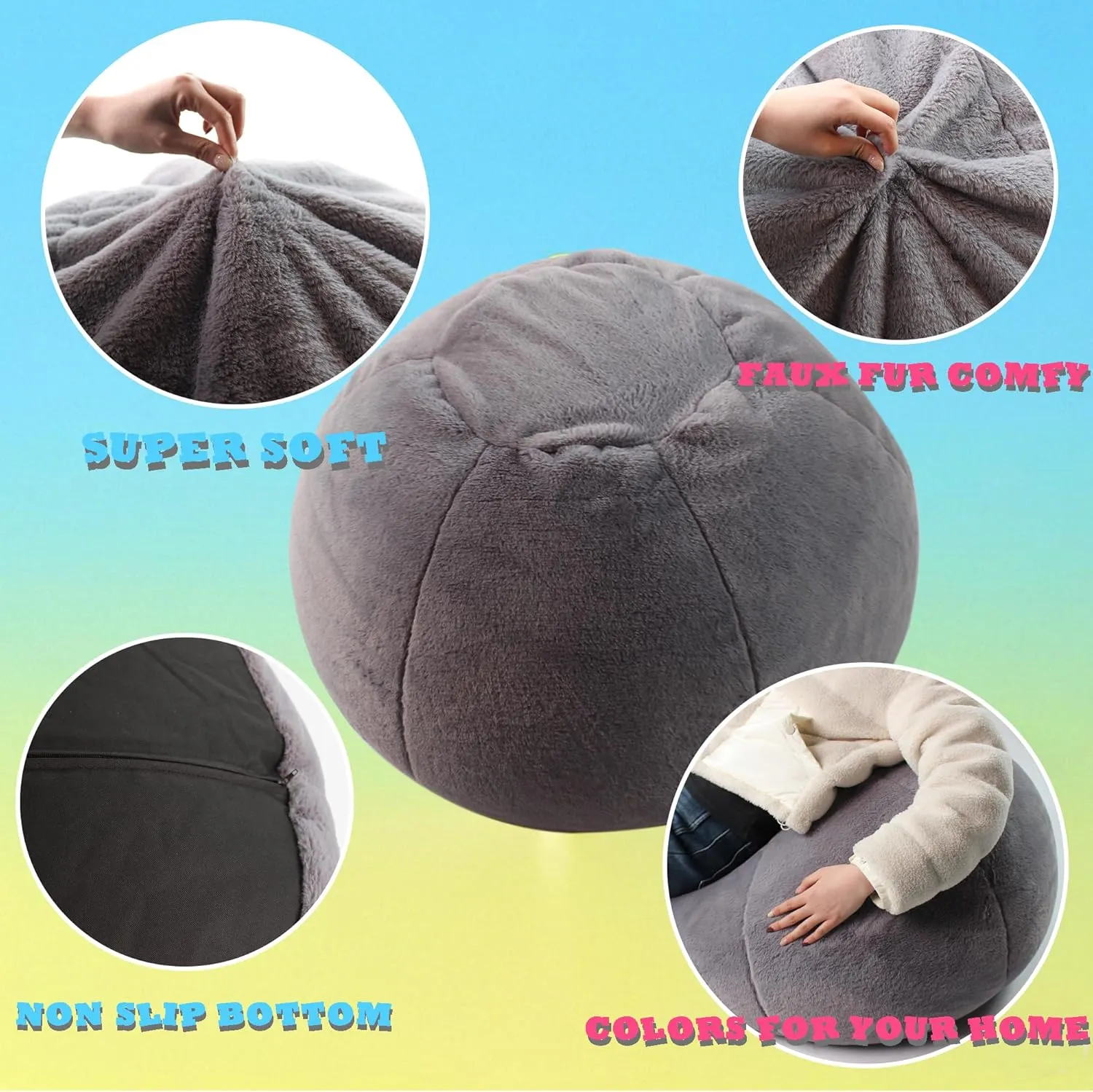 LPMOERA Bean Bag Chair Cover for Kids(No Filler) Stuffed Animal Storage Fluffy Faux Fur Bean Bag Chair for Toddler Kids Dark Gray