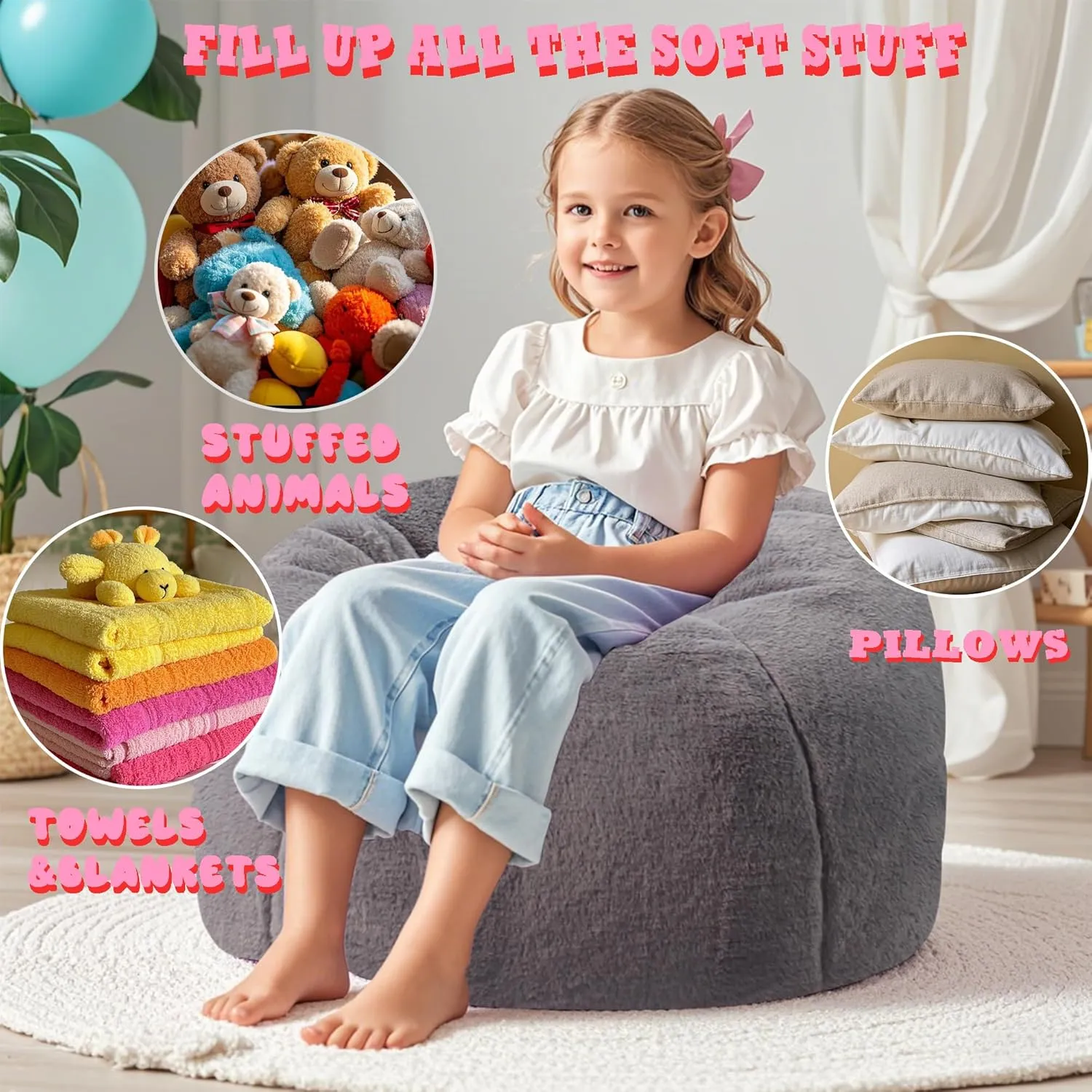LPMOERA Bean Bag Chair Cover for Kids(No Filler) Stuffed Animal Storage Fluffy Faux Fur Bean Bag Chair for Toddler Kids Dark Gray