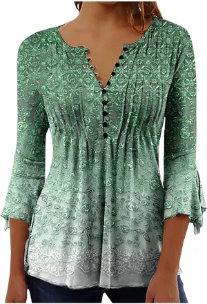 LRMQS Womens Spring Tops 2025 Casual Fashion 3/4 Bell Sleeve V Neck Tunic T-Shirts Vintage Floral Blouses Trendy Clothes