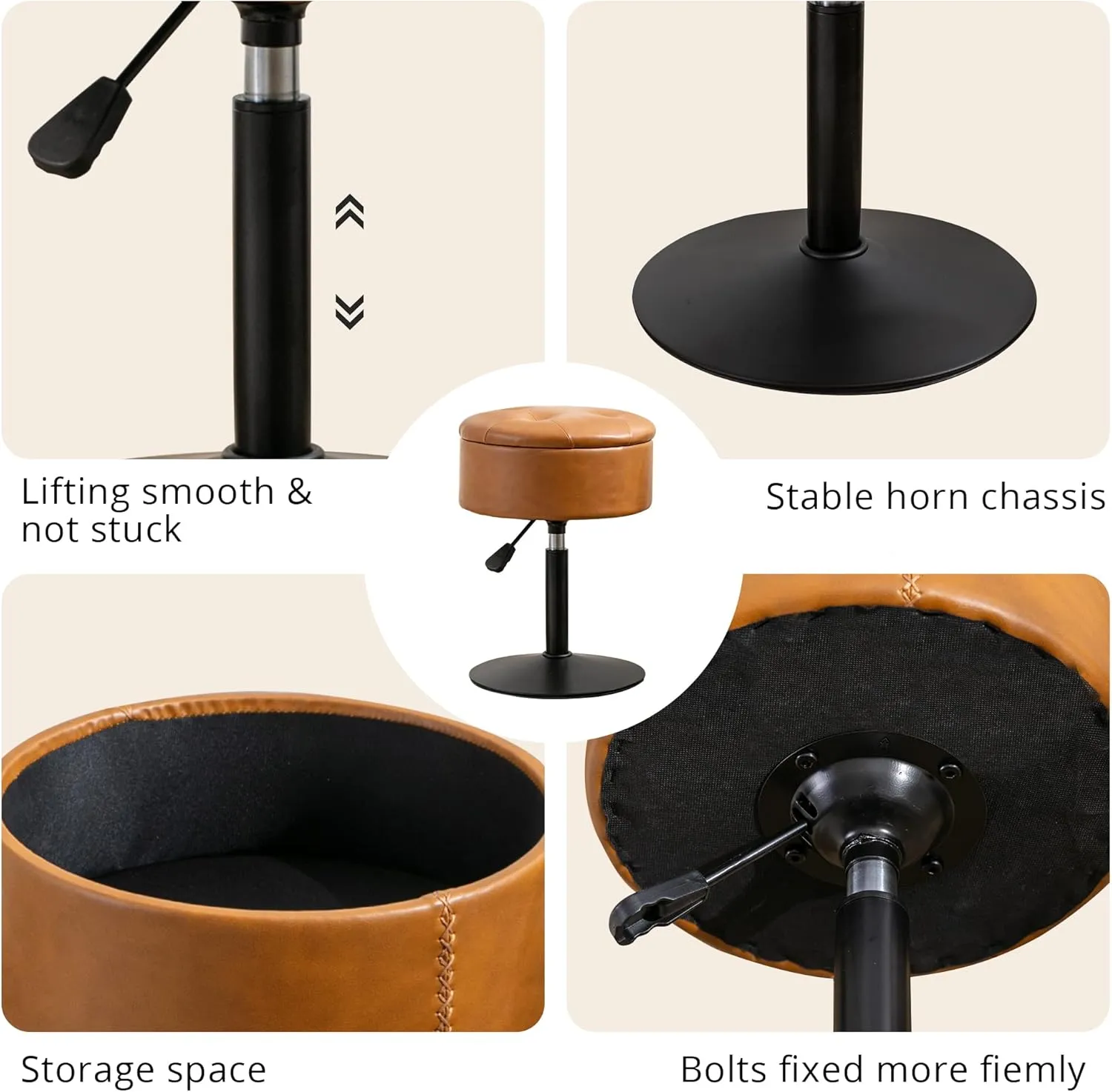 LUE BONA 360°Swivel Vanity Stool Chair for Makeup Room, Height Adjustable Stool for Vanity with Storage, Small Whiskey Brown Faux Leather for Bathroom, Living Room