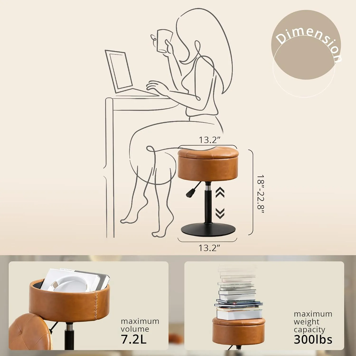 LUE BONA 360°Swivel Vanity Stool Chair for Makeup Room, Height Adjustable Stool for Vanity with Storage, Small Whiskey Brown Faux Leather for Bathroom, Living Room