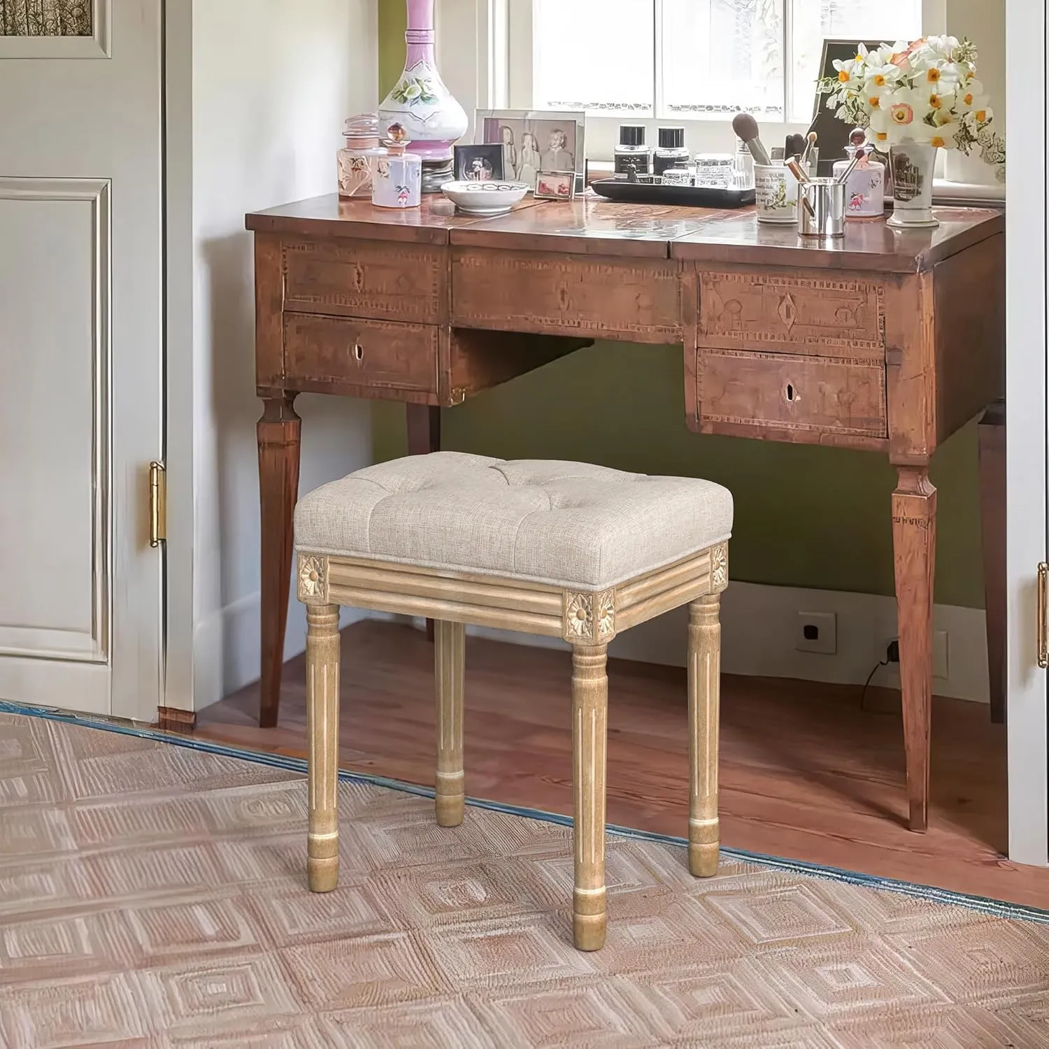 LUE BONA Upholstered Fabric Vanity Bench Seat, Makeup Stools for Vanity, Square Tufted Ottoman Bench with Carved Wood Color Legs for Bedroom Living Room, Linen Color