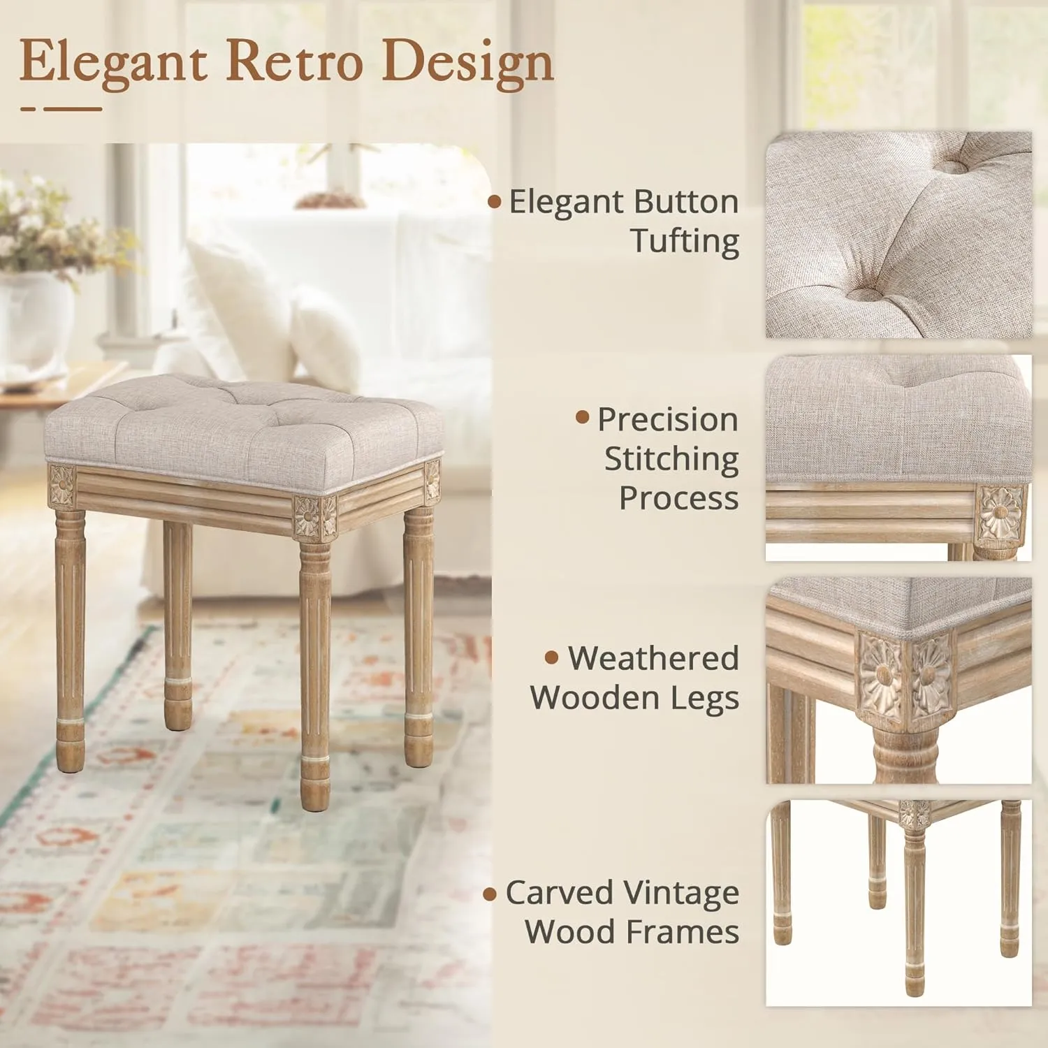 LUE BONA Upholstered Fabric Vanity Bench Seat, Makeup Stools for Vanity, Square Tufted Ottoman Bench with Carved Wood Color Legs for Bedroom Living Room, Linen Color