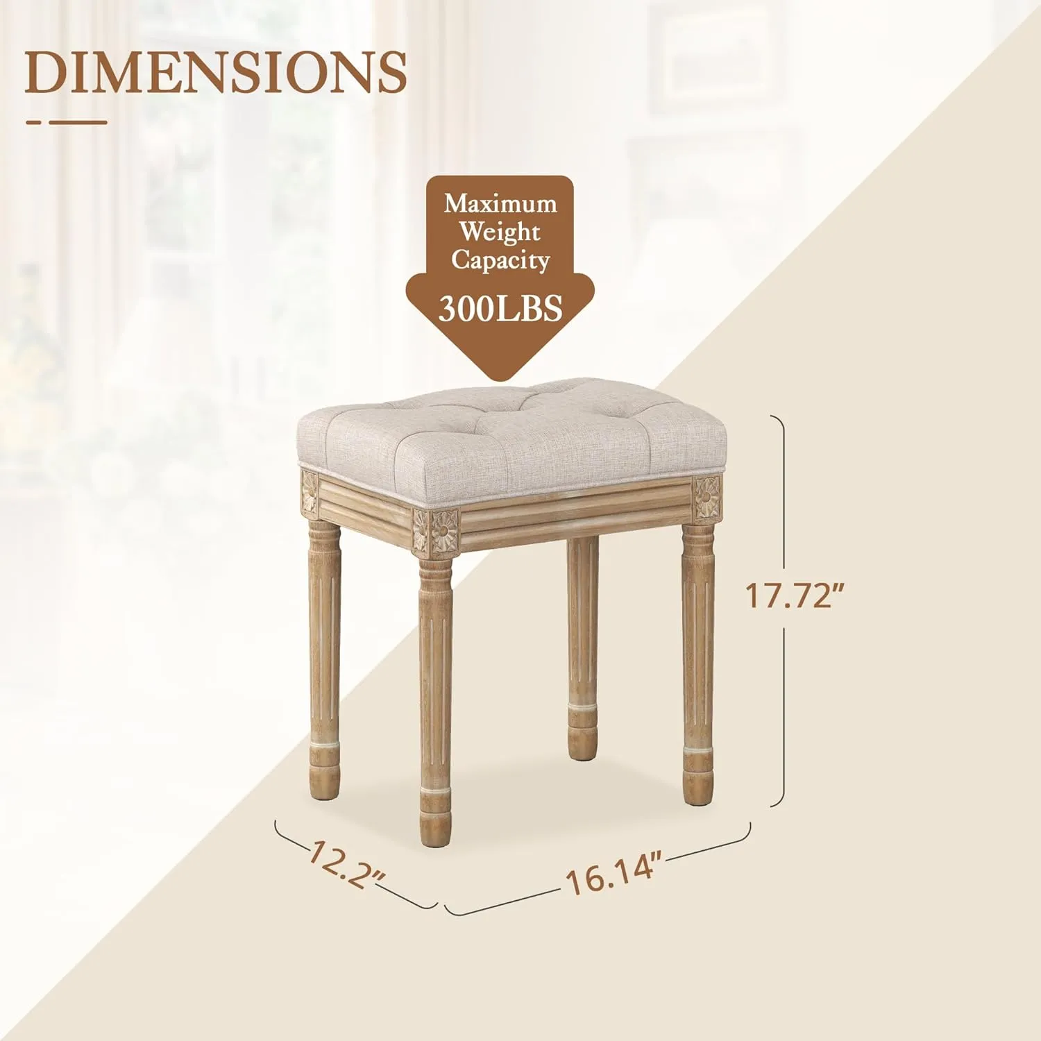 LUE BONA Upholstered Fabric Vanity Bench Seat, Makeup Stools for Vanity, Square Tufted Ottoman Bench with Carved Wood Color Legs for Bedroom Living Room, Linen Color