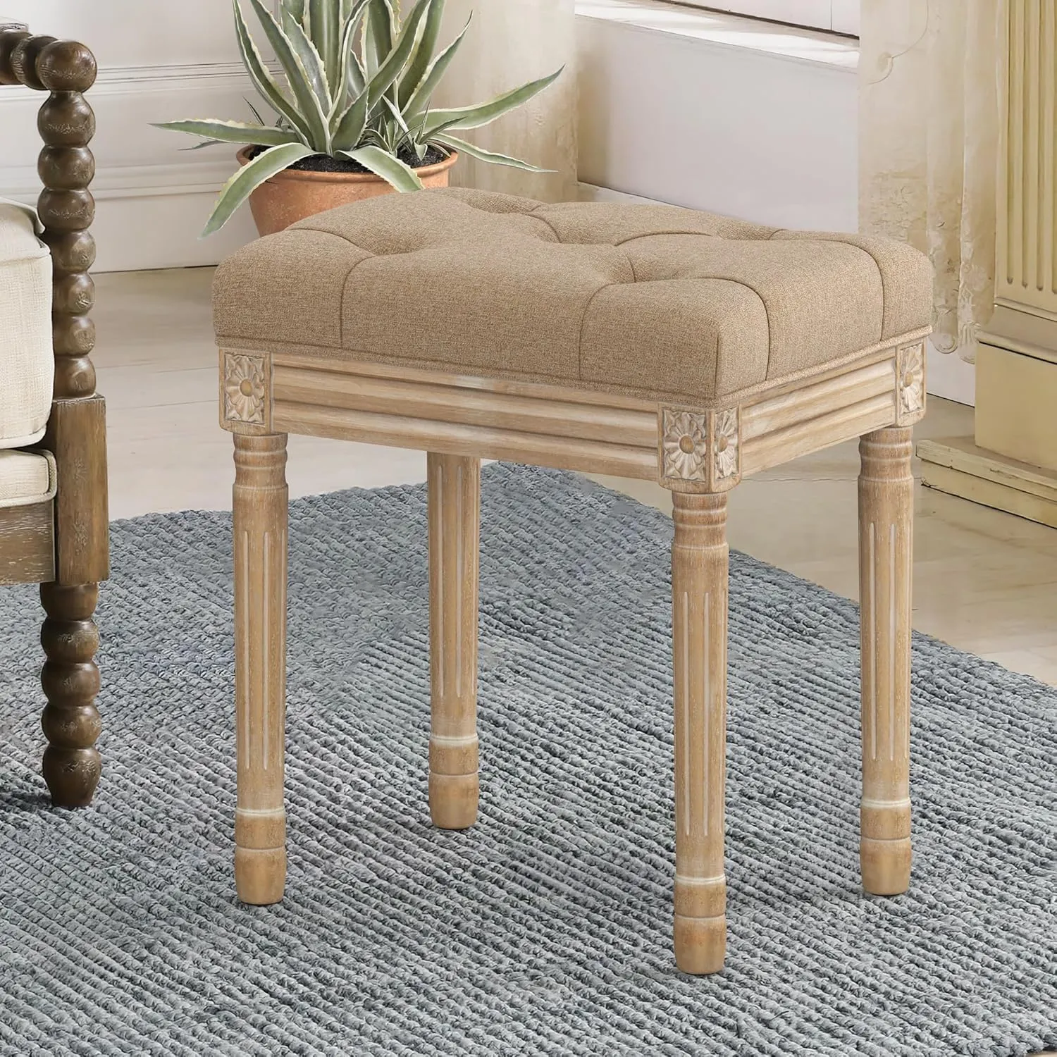 LUE BONA Upholstered Fabric Vanity Bench Seat, Makeup Stools for Vanity, Square Tufted Ottoman Bench with Carved Wood Color Legs for Bedroom Living Room, Wheat Color