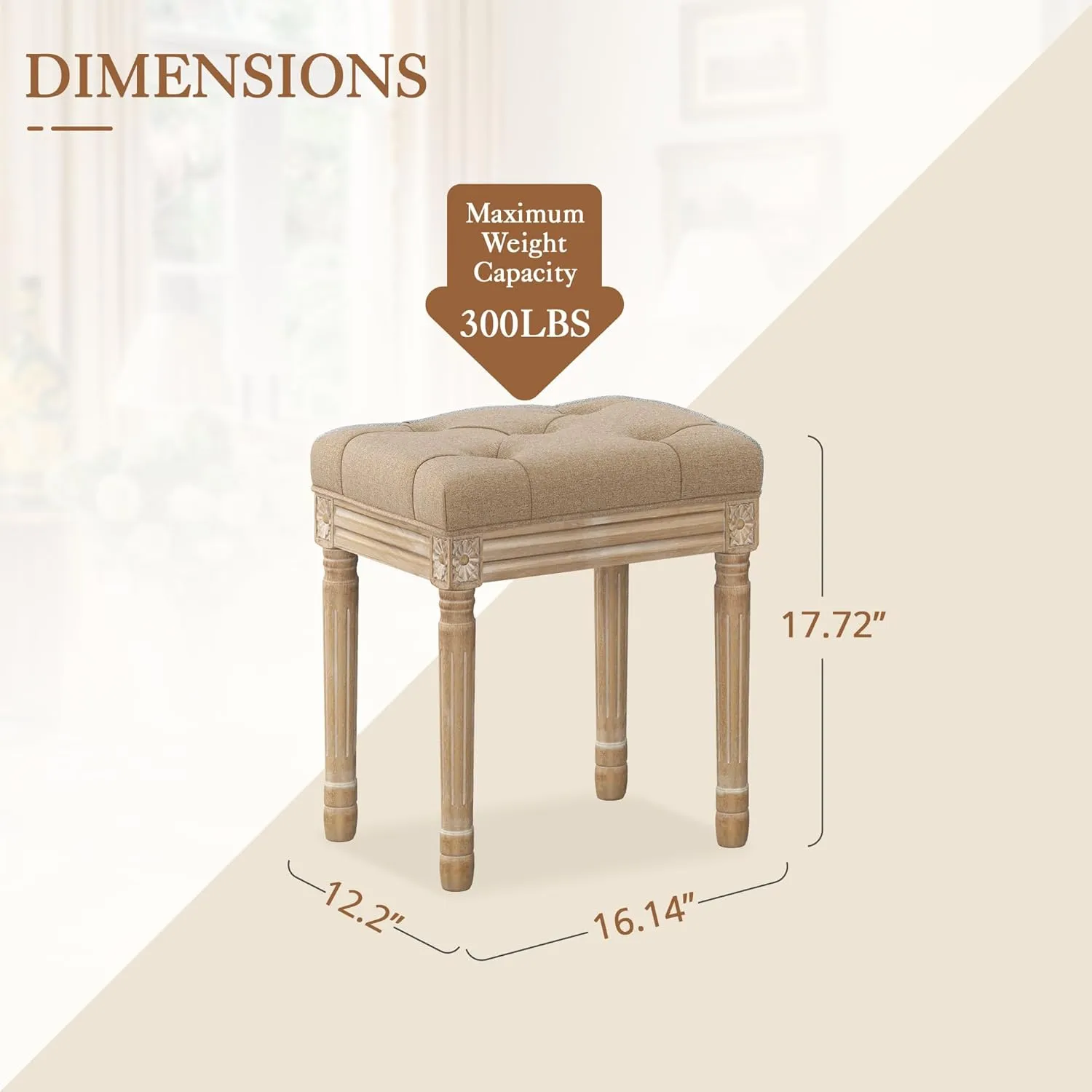 LUE BONA Upholstered Fabric Vanity Bench Seat, Makeup Stools for Vanity, Square Tufted Ottoman Bench with Carved Wood Color Legs for Bedroom Living Room, Wheat Color