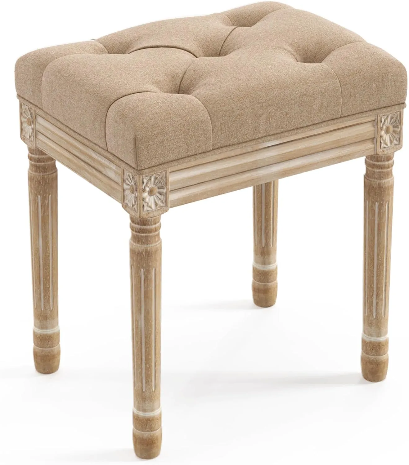 LUE BONA Upholstered Fabric Vanity Bench Seat, Makeup Stools for Vanity, Square Tufted Ottoman Bench with Carved Wood Color Legs for Bedroom Living Room, Wheat Color