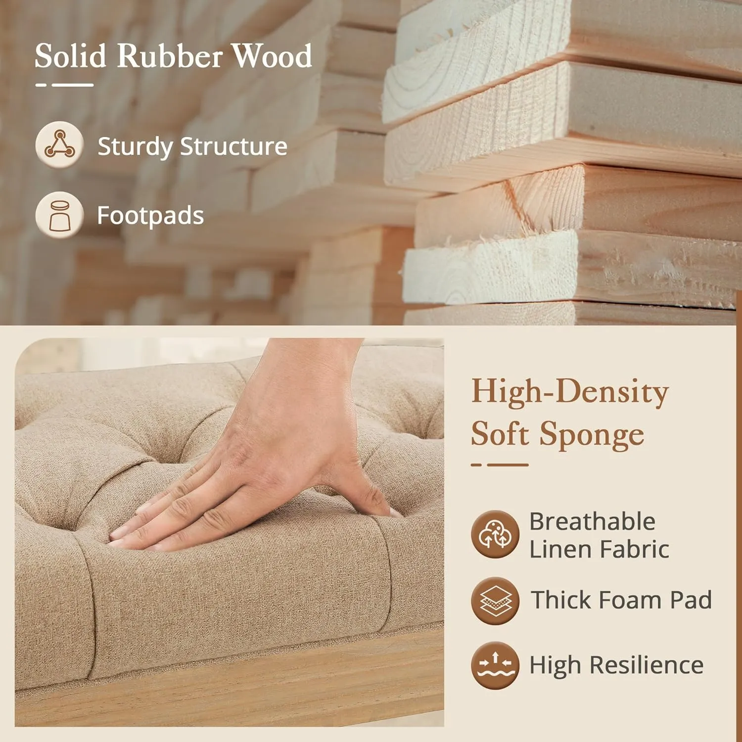 LUE BONA Upholstered Fabric Vanity Bench Seat, Makeup Stools for Vanity, Square Tufted Ottoman Bench with Carved Wood Color Legs for Bedroom Living Room, Wheat Color