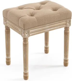 LUE BONA Upholstered Fabric Vanity Bench Seat, Makeup Stools for Vanity, Square Tufted Ottoman Bench with Carved Wood Color Legs for Bedroom Living Room, Wheat Color
