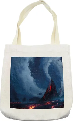 Lunarable Volcano Tote Bag, Vivid Erupting Scenery of Active Volcano Hot Lava Magma Geology Theme Nighttime, Cloth Linen Reusable Bag for Shopping Books Beach and More, 16.5" X 14", Cream