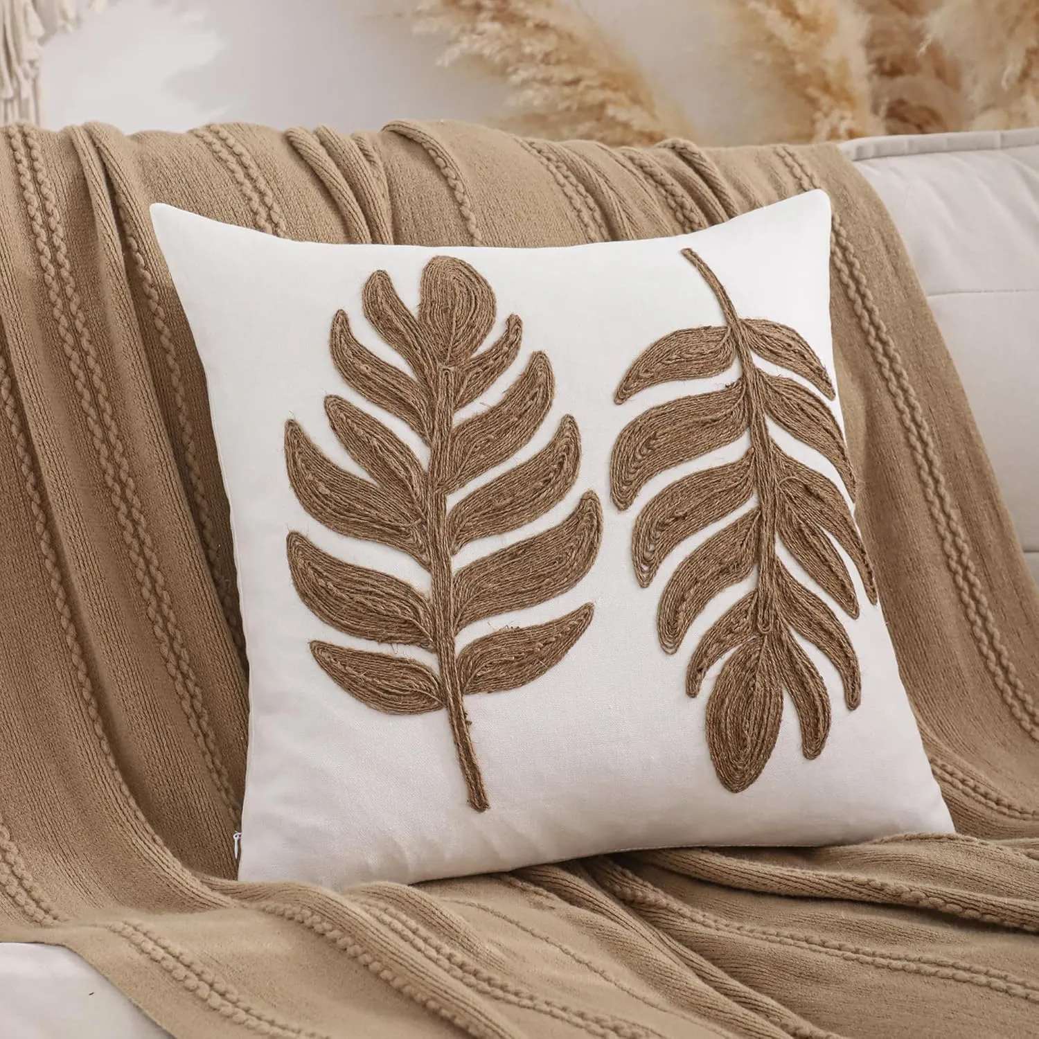 LUOYEHK Rope Embroidered Throw Pillow Covers 18x18 Inch Pack of 2 Two Willow Leaves Decorative Pillow Cases Hemp Rope Canvas Cushion Covers for Couch Sofa Bed Living Room