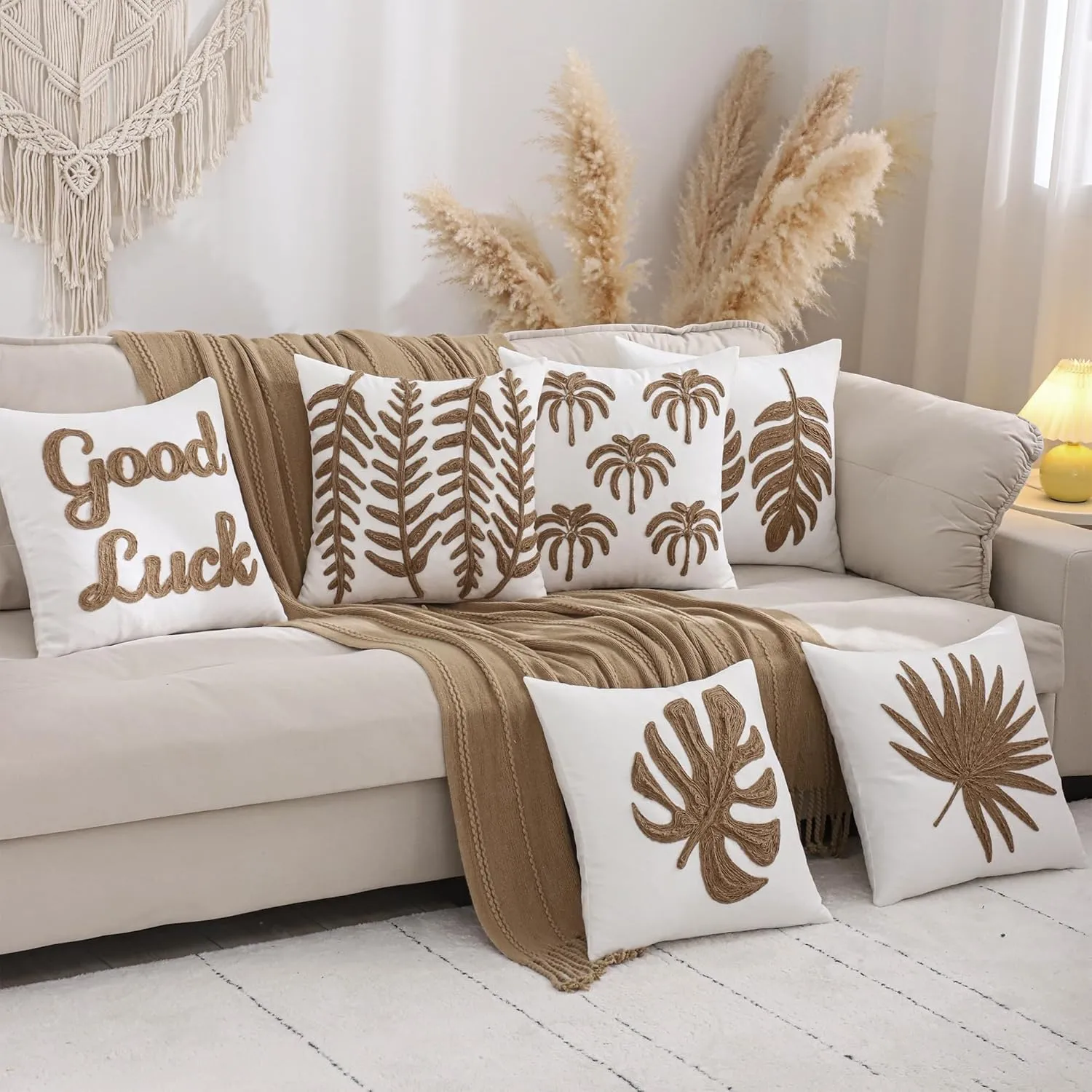 LUOYEHK Rope Embroidered Throw Pillow Covers 18x18 Inch Pack of 2 Two Willow Leaves Decorative Pillow Cases Hemp Rope Canvas Cushion Covers for Couch Sofa Bed Living Room