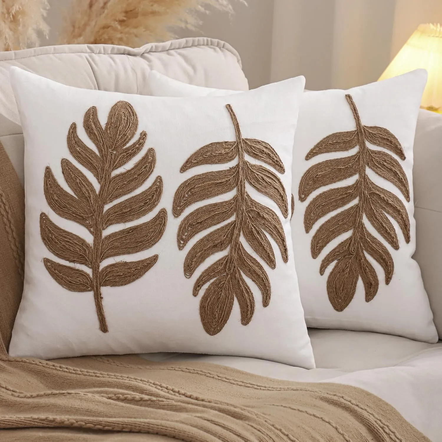 LUOYEHK Rope Embroidered Throw Pillow Covers 18x18 Inch Pack of 2 Two Willow Leaves Decorative Pillow Cases Hemp Rope Canvas Cushion Covers for Couch Sofa Bed Living Room