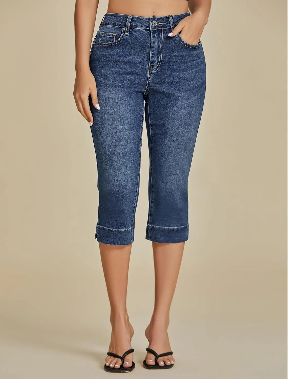 luvamia Capri Jeans for Women Trendy High Waisted Slim Split Hem Stretch Denim Jean Capris Cropped Pants Casual Summer