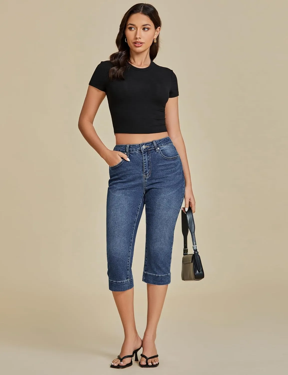 luvamia Capri Jeans for Women Trendy High Waisted Slim Split Hem Stretch Denim Jean Capris Cropped Pants Casual Summer