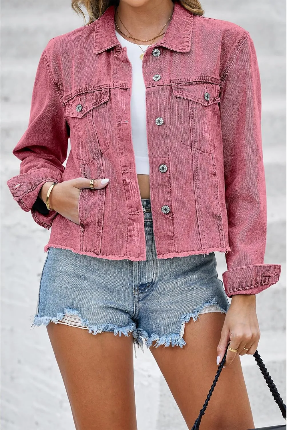 luvamia Denim Jacket for Women Distressed Jean Jackets Button Up Vintage Western Trucker Jacket Frayed Hem Pockets