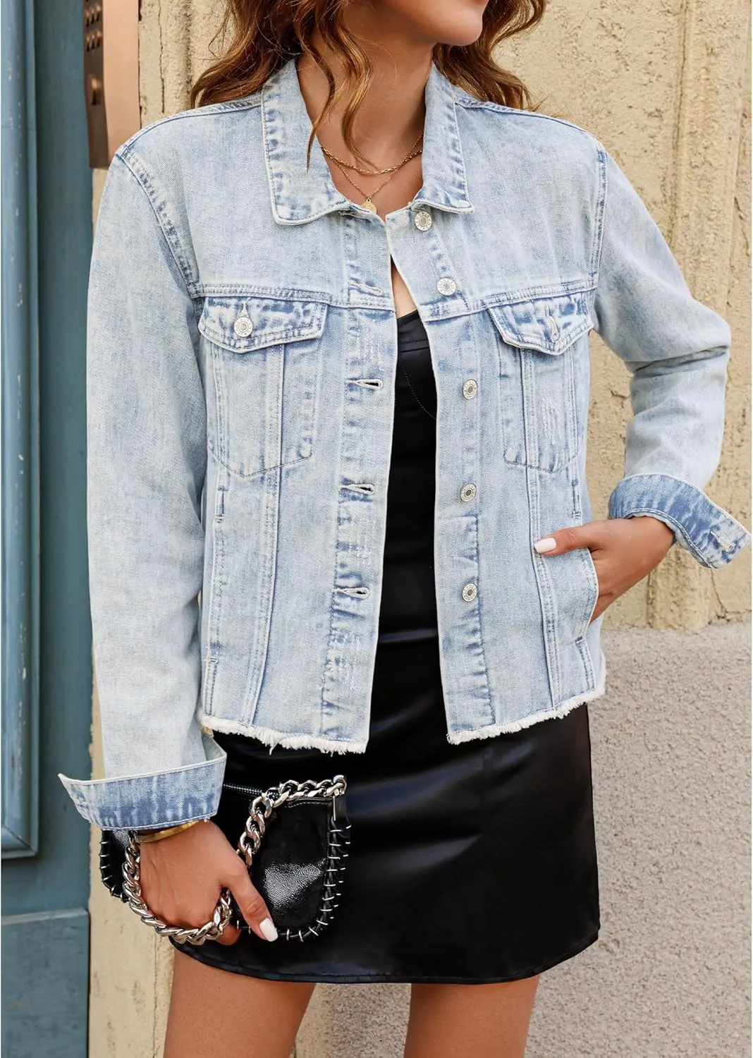 luvamia Denim Jacket for Women Distressed Jean Jackets Button Up Vintage Western Trucker Jacket Frayed Hem Pockets