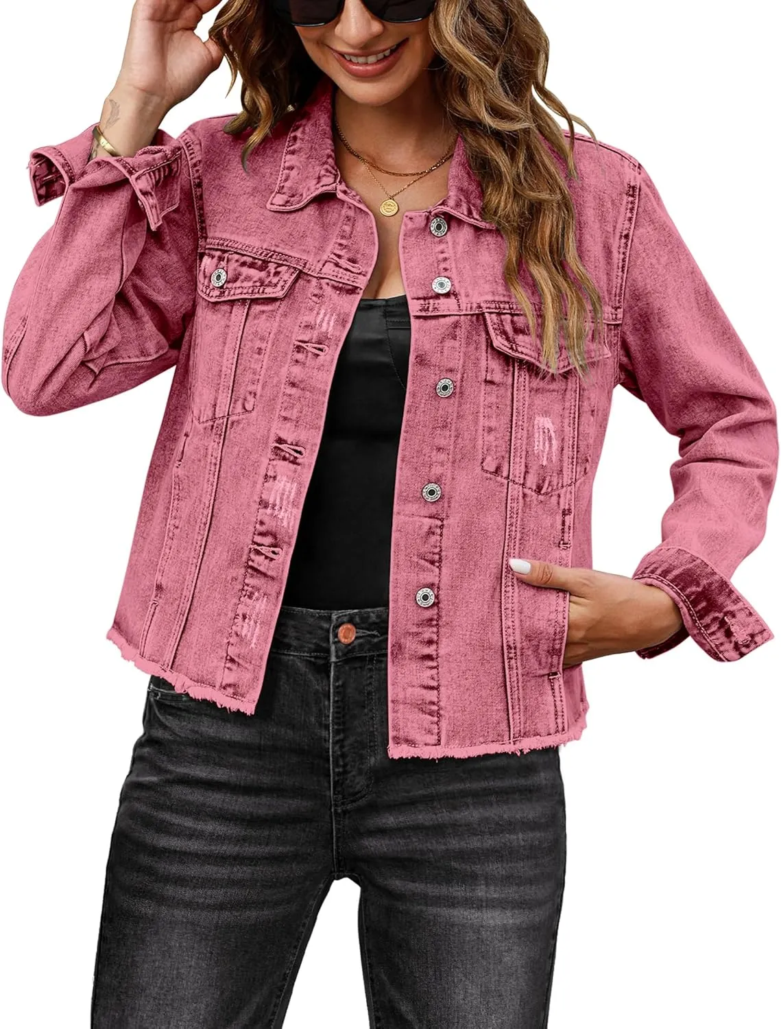 luvamia Denim Jacket for Women Distressed Jean Jackets Button Up Vintage Western Trucker Jacket Frayed Hem Pockets