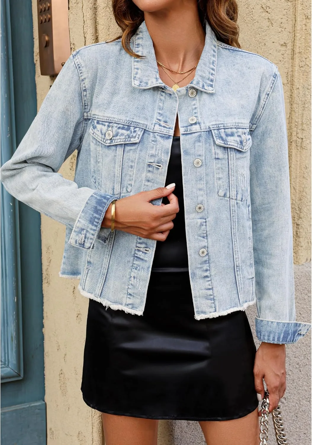 luvamia Denim Jacket for Women Distressed Jean Jackets Button Up Vintage Western Trucker Jacket Frayed Hem Pockets