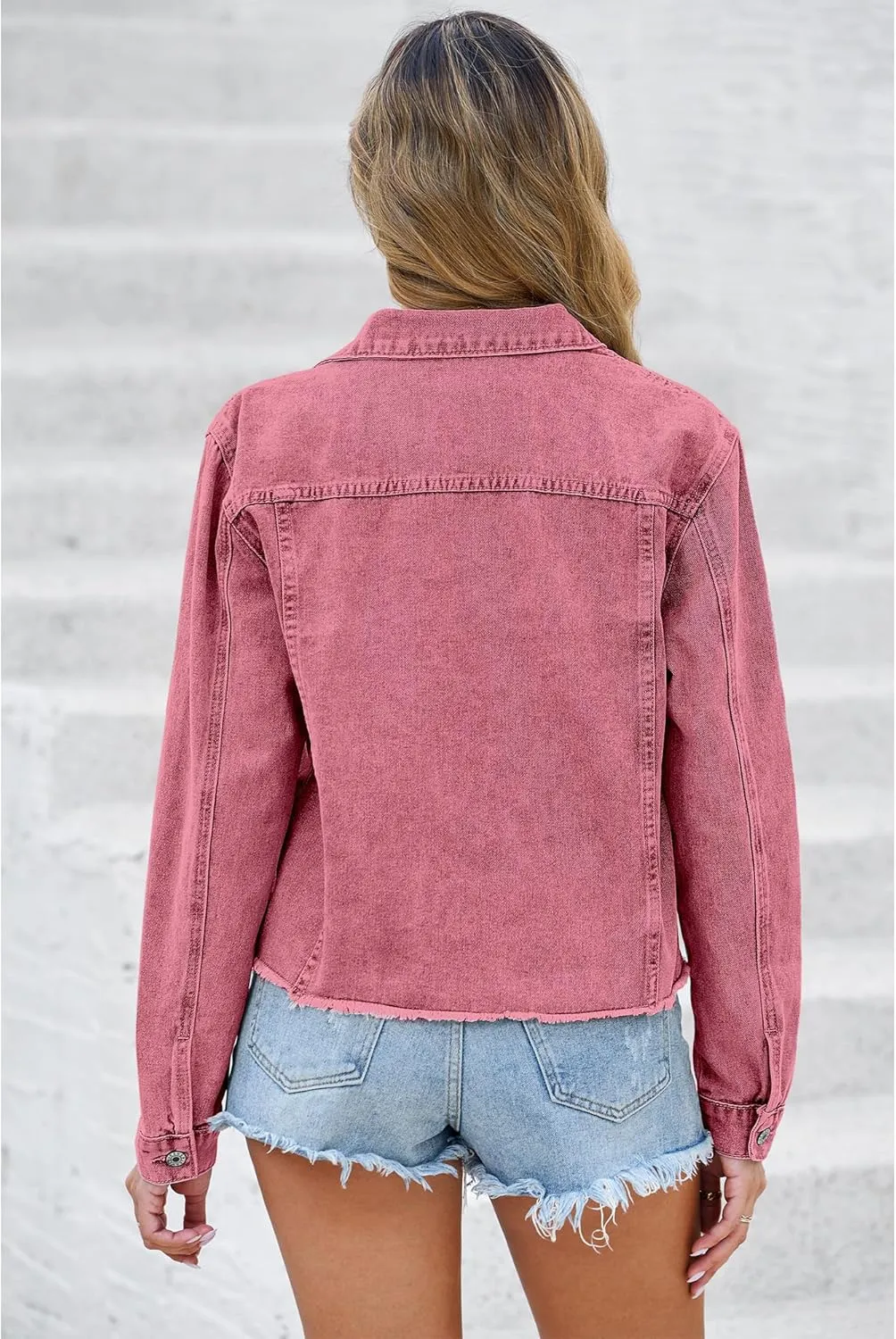 luvamia Denim Jacket for Women Distressed Jean Jackets Button Up Vintage Western Trucker Jacket Frayed Hem Pockets
