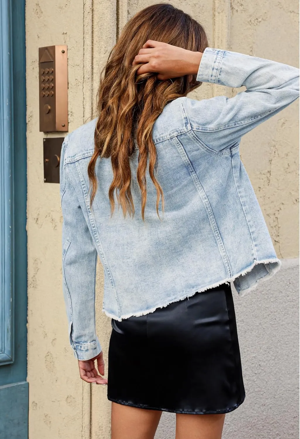 luvamia Denim Jacket for Women Distressed Jean Jackets Button Up Vintage Western Trucker Jacket Frayed Hem Pockets