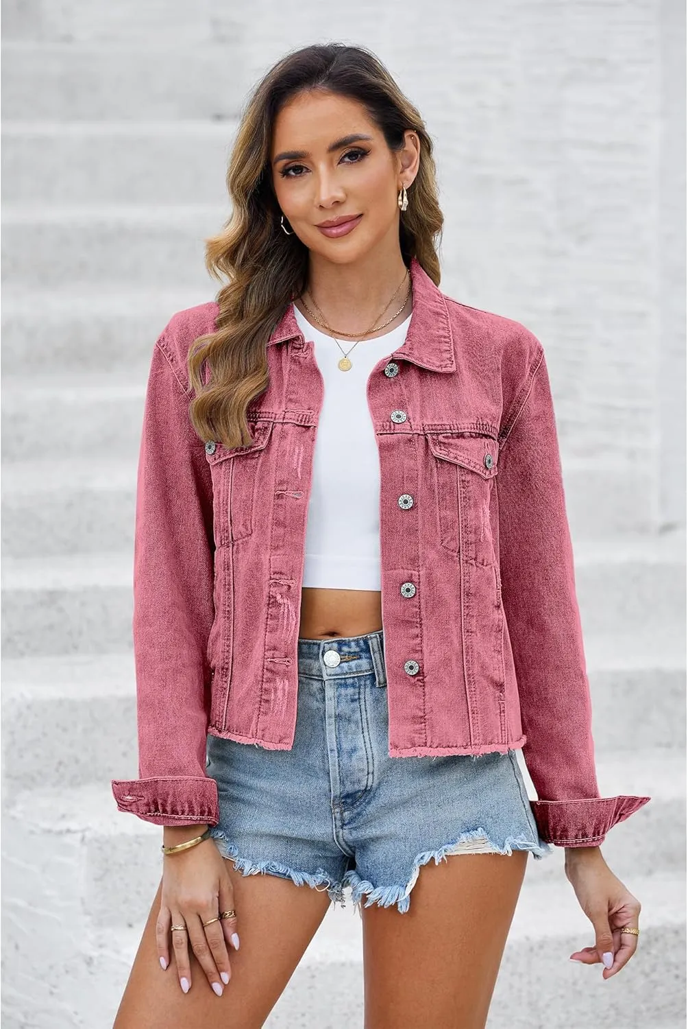 luvamia Denim Jacket for Women Distressed Jean Jackets Button Up Vintage Western Trucker Jacket Frayed Hem Pockets