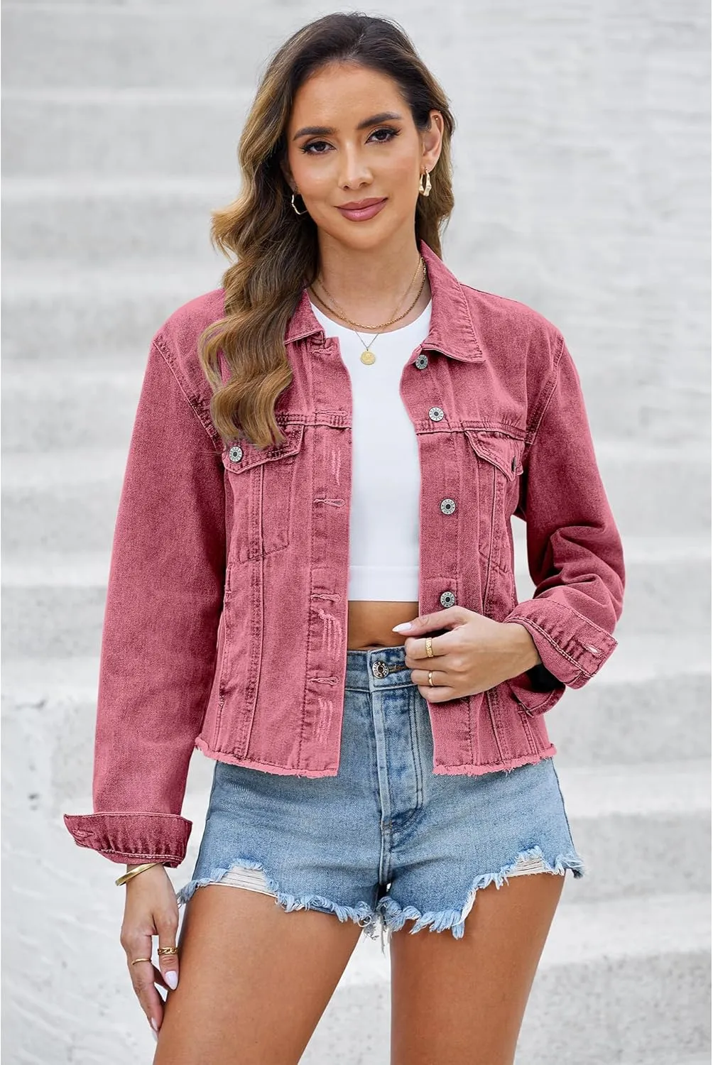 luvamia Denim Jacket for Women Distressed Jean Jackets Button Up Vintage Western Trucker Jacket Frayed Hem Pockets