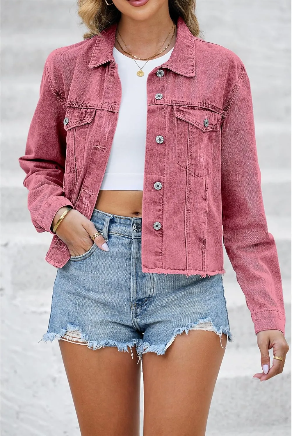 luvamia Denim Jacket for Women Distressed Jean Jackets Button Up Vintage Western Trucker Jacket Frayed Hem Pockets