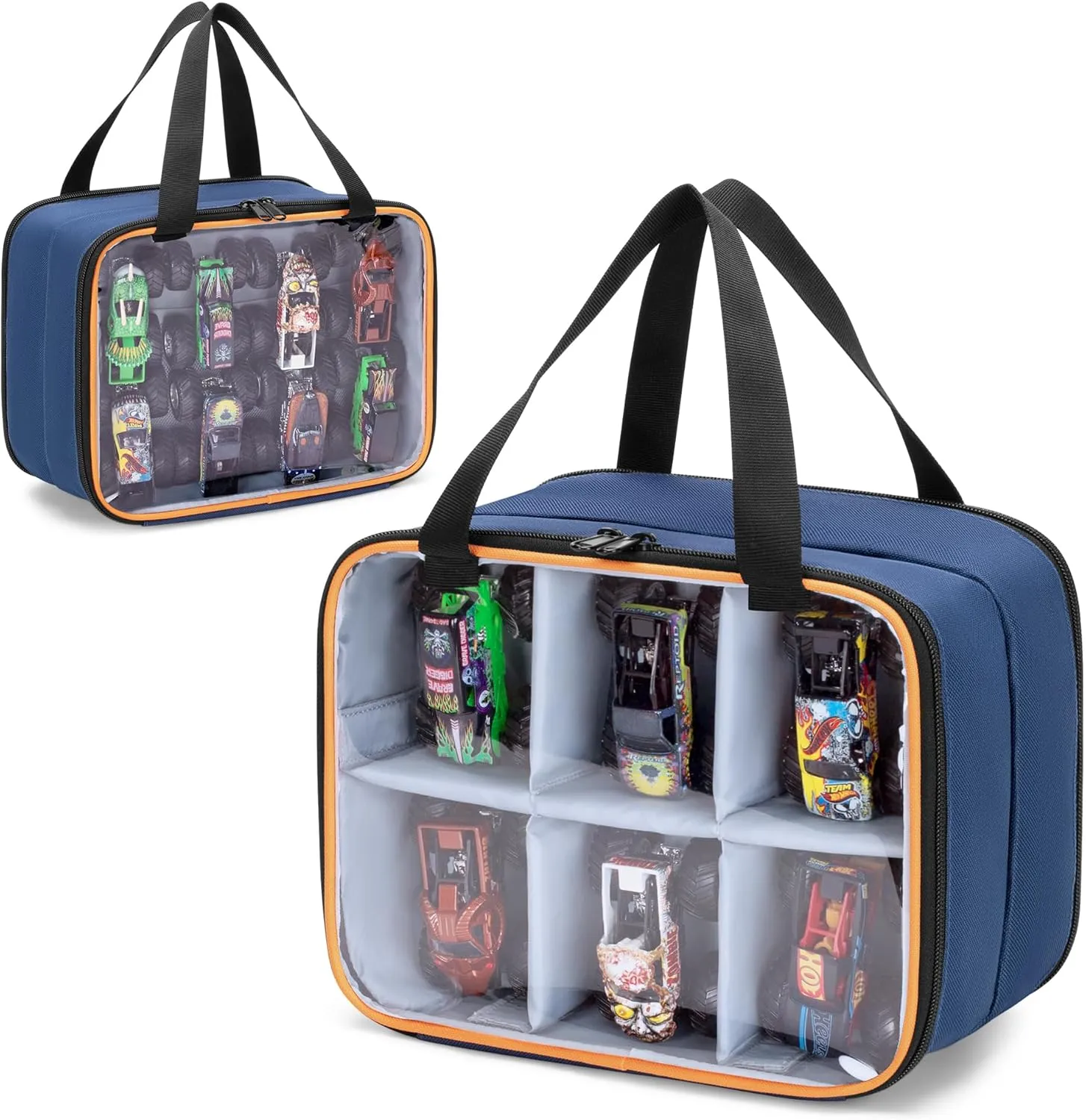 LUXJA Double Layer Storage Bag Compatible with Hot Wheels Monster Trucks 1:64 Scale, PVC Carrying Case for Monster Jam Trucks, Up to Holds 14 Toy Cars for Collectors, Blue