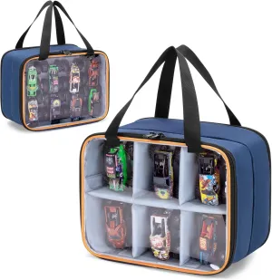 LUXJA Double Layer Storage Bag Compatible with Hot Wheels Monster Trucks 1:64 Scale, PVC Carrying Case for Monster Jam Trucks, Up to Holds 14 Toy Cars for Collectors, Blue