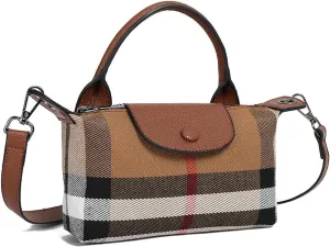Luxury Canvas and Genuine Leather Women's Top Handle Handbag Mini Fashion Contrast Color Travel Daily Satchel, Classic Shoulder Bag, Khaki