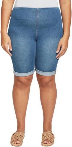 Lyssé Denim Boyfriend Shorts – Plus Size Boyfriend Jean Shorts for Women with Comfy 4-Way Stretch Knit Denim (Mid Wash, 2X)